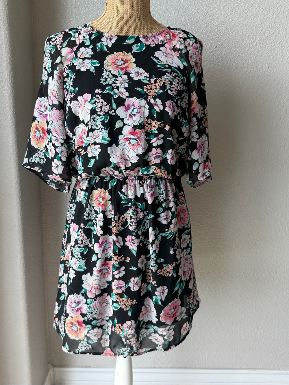 DR2 Black Floral Mini Dress with Pink & Cream Blooms